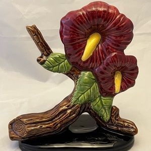 Red Floral Ceramic Decor, Hobbyist Piece Signed by Artist